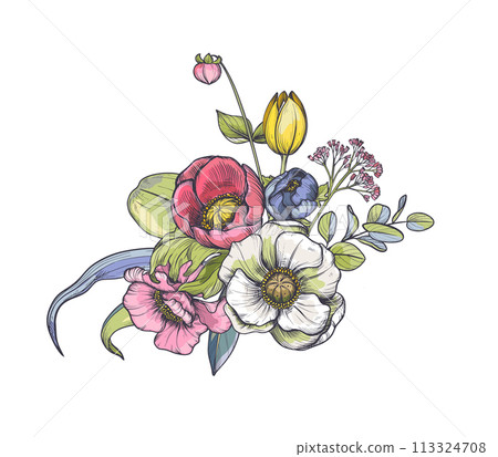 Vector composition of spring flowers, leaves and branches. Different flowers, tulips, anemones and other plants in beautiful bouquet. Vector composition of spring flowers, leaves and branches. Different flowers, tulips, anemones and other plants in beautiful bouquet. 113324708