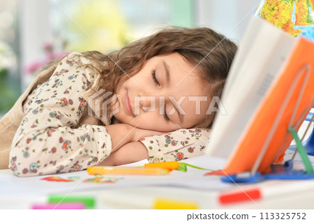 Portrait of cute schoolgirl sleeping on table 113325752