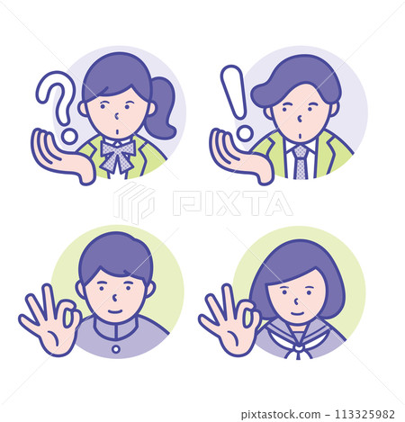 具有思考、靈感和 OK 姿勢的男女學生圓形圖示 [設定] 113325982
