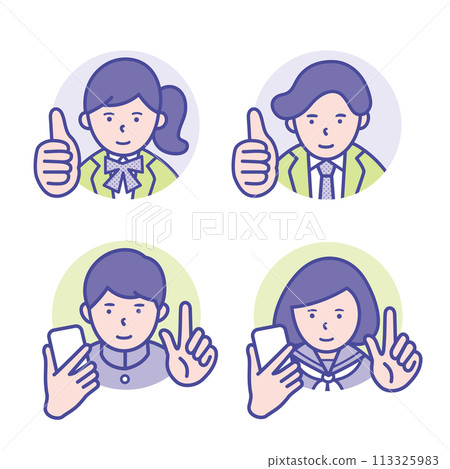 Round icons of male and female students with thumbs up poses and smartphones [set] 113325983