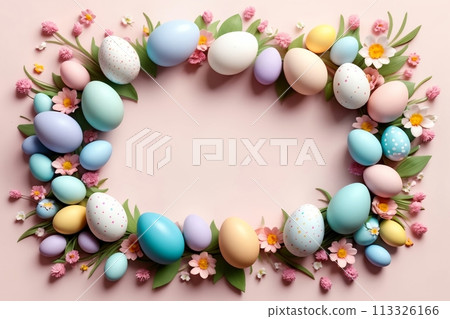 Easter greeting card, colorful Easter eggs 113326166