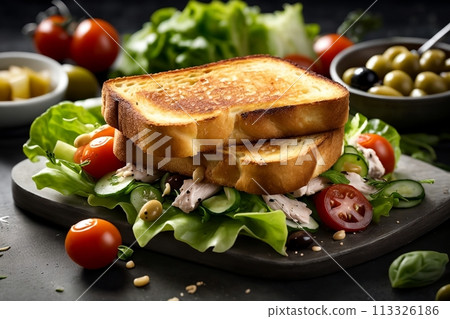 fried toast with lettuce, cucumbers, chicken and other vegetables 113326186