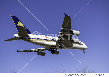 Singapore Airlines A380 passenger plane landing at Narita Airport Singapore Airlines A380 passenger plane landing at Narita Airport 113326446