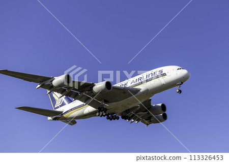 Singapore Airlines A380 passenger plane landing at Narita Airport 113326453