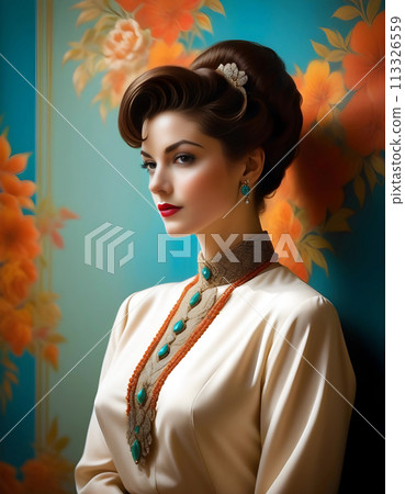 懷舊時代，時尚懷舊時代，一個美麗的女人站在時尚雜誌鏡頭前的肖像 113326559
