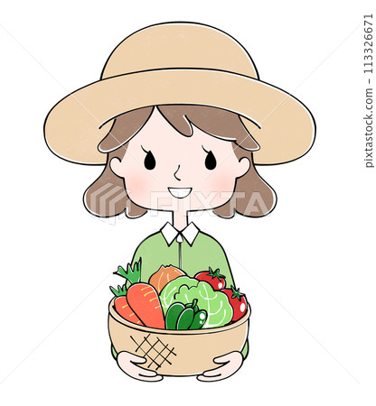 一位農婦微笑著拿著收穫的蔬菜的插圖 113326671