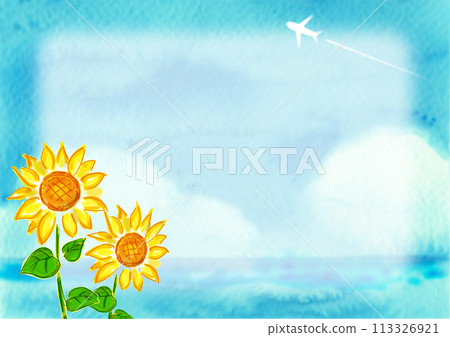 A summery light blue background material with sunflowers and contrails 113326921