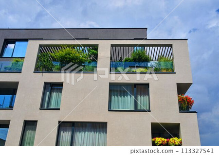Modern architecture. Urban terrace with flowers and greenery. Urban house Modern architecture. Urban terrace with flowers and greenery. Urban house 113327541