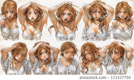 A young woman's facial expressions when waking up in the morning 113327780