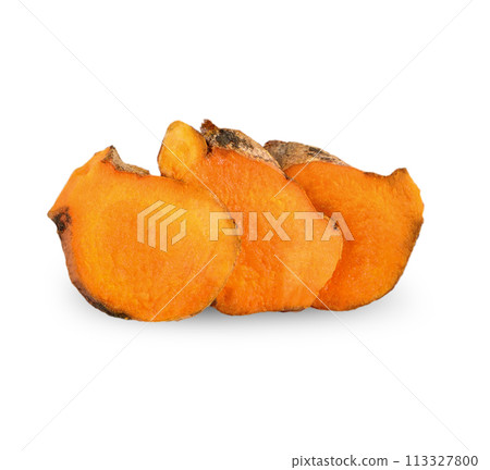 Fresh turmeric sliced isolated on white background Fresh turmeric sliced isolated on white background 113327800