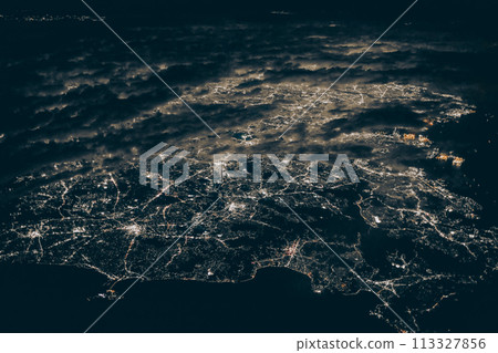 Nov 30 2023 Center of Tokyo in Japan night time aerial view from airplane Nov 30 2023 Center of Tokyo in Japan night time aerial view from airplane 113327856