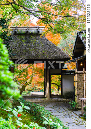 Kyoto City, Sakyo Ward, Higashiyama, Sumeranzan Anrakuji Temple, temple gate and autumn leaves 113328416