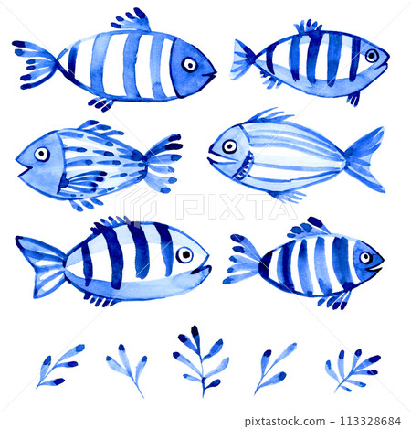 watercolor set with fish. children's simple drawing blue fish on a white background. doodle 113328684