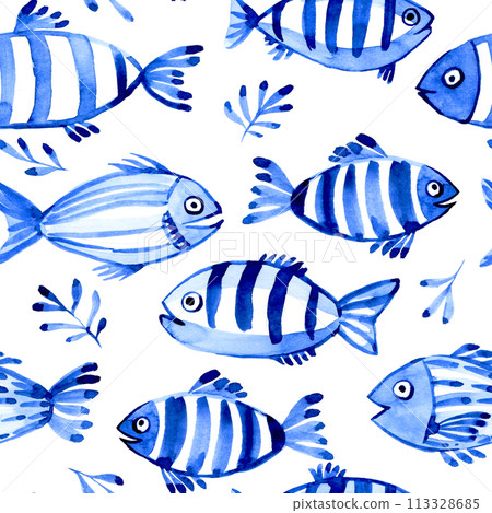 watercolor seamless pattern with fish. children's simple drawing blue fish on a white background. doodle 113328685