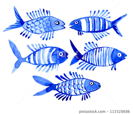 watercolor set with fish. children's simple drawing blue fish on a white background. doodle 113328686