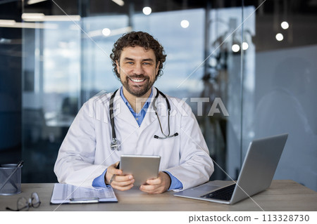 Cheerful healthcare professional in a lab coat at work in a modern medical office, engaging with a digital tablet. Cheerful healthcare professional in a lab coat at work in a modern medical office, engaging with a digital tablet. 113328730