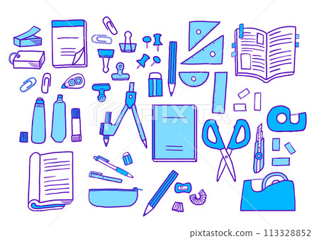 簡單流行的文具插畫套裝藍紫色 113328852