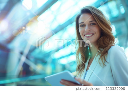 Young happy business woman working with tablet in corporate office. 113329008