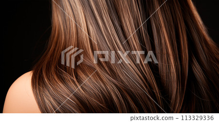 Brunette hair close-up as background. Women's long natural dark hair. Girl with wavy shiny curls - AI generated image 113329336