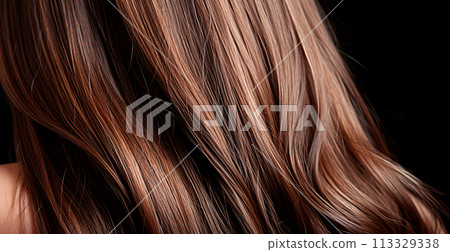 Brunette hair close-up as background. Women's long natural dark hair. Girl with wavy shiny curls - AI generated image 113329338