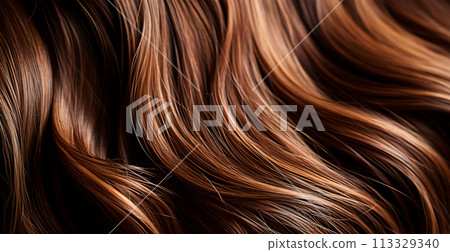 Brunette hair close-up as background. Women's long natural dark hair. Girl with wavy shiny curls - AI generated image 113329340