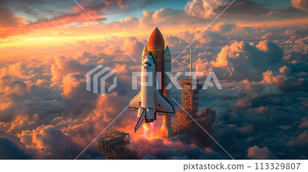 Launching a NASA spacecraft into space from Earth. Rocket flying to Mars, Moon, ISS - AI generated image 113329807