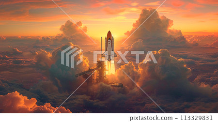Launching a NASA spacecraft into space from Earth. Rocket flying to Mars, Moon, ISS - AI generated image 113329831