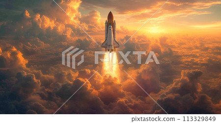 Launching a NASA spacecraft into space from Earth. Rocket flying to Mars, Moon, ISS - AI generated image 113329849