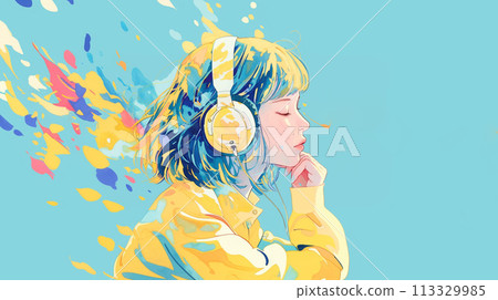 聽到與耳機的音樂的婦女 113329985