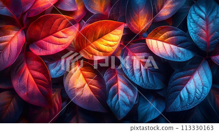 Colorful leaves background. Close up of red and purple leaves. 113330163