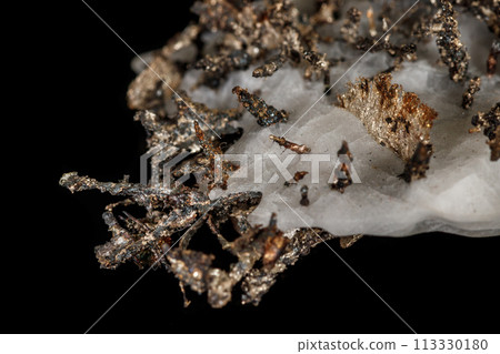 Macro stone mineral silver metal in the rock on a black background Macro stone mineral silver metal in the rock on a black background 113330180
