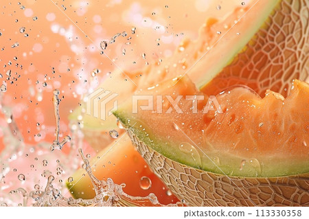 Melon slices with water splash on orange background, close-up 113330358