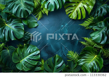 Creative layout made of tropical leaves on dark blue background. Flat lay, top view, copy space 113330362