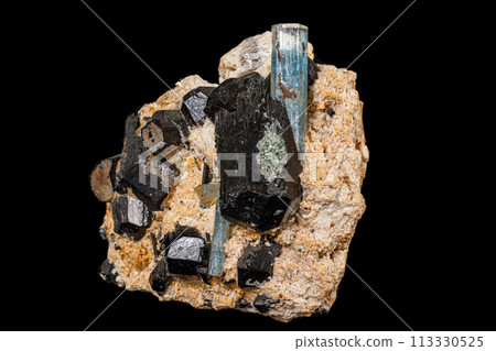 Macro stone mineral tourmaline aquamarine with a black background 113330525