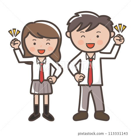 Illustration of a cute high school couple in uniforms making a vigorous fist pump 113331143