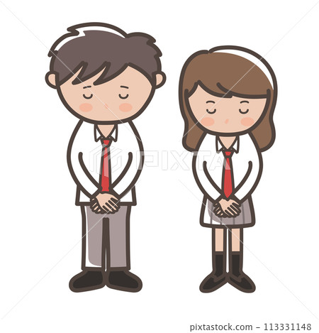 一對穿著制服的可愛男女高中夫婦低頭道歉的插圖 113331148
