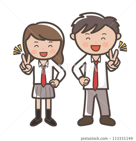 An illustration of a cute high school couple in uniforms making peace signs with big smiles 113331149