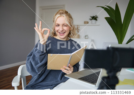 Portrait of cute blond girl with notebook in hands, shows okay sign, records video, social media content, blogging from her room 113331469