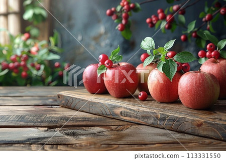 Fresh red apples with rowan berries on rustic wooden table. Fresh red apples with rowan berries on rustic wooden table. 113331550