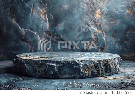 Empty marble stage on dark background. Mockup for product demonstration. Stone background. Empty marble stage on dark background. Mockup for product demonstration. Stone background. 113331552
