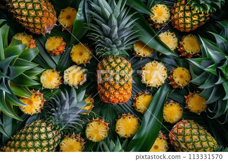 Pineapples in the market. Tropical fruit background. Top view. 113331570