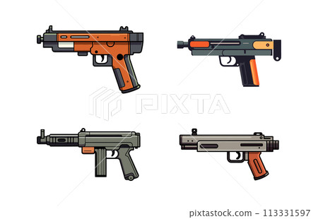 Submachine gun vector set, submachine machine hand gun weapons stock illustration set 113331597