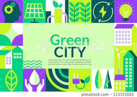 Green city banner in geometric flat style. 113331682