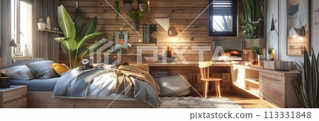 Boy's room, room for a little boy with toys, bed and table in beige colors, banner 113331848