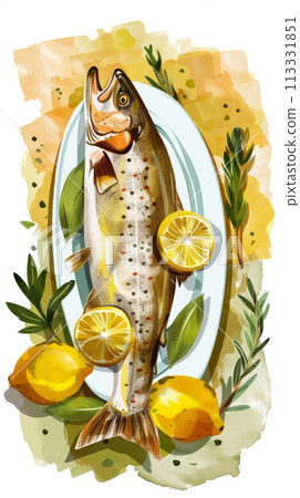 Cooked baked red trout fish in a dish with seasonings and herbs on the table, healthy sea fish, illustration Cooked baked red trout fish in a dish with seasonings and herbs on the table, healthy sea fish, illustration 113331851