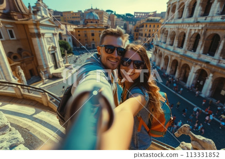 Happy young couple traveling, happy couple taking selfie against the background of a cultural tourist site 113331852