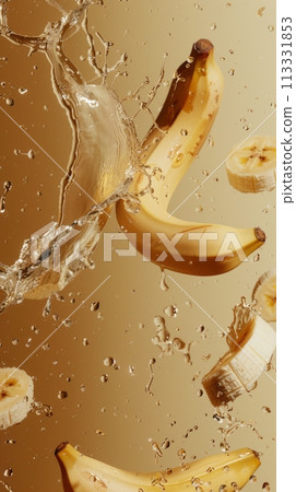 Fresh ripe yellow bananas in splashes of water, healthy fruit Fresh ripe yellow bananas in splashes of water, healthy fruit 113331853