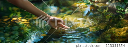 A person's hand touches clean transparent water in a pond or lake 113331854