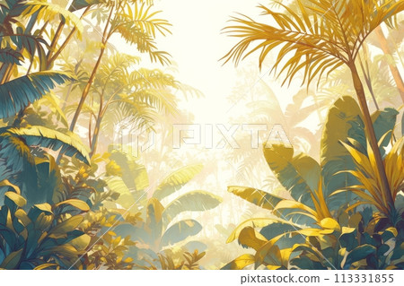Illustration of a wild tropical jungle in bright colors, the rays of the bright sun penetrate through the palm trees and plants 113331855