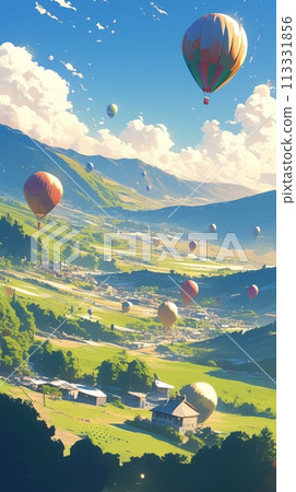 Top view of green landscape and mountain valleys and colorful hot air balloons flying in the sky Top view of green landscape and mountain valleys and colorful hot air balloons flying in the sky 113331856